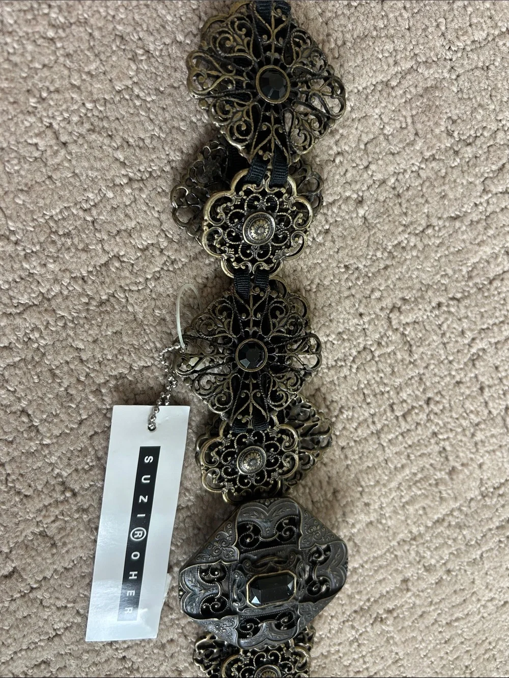 Suzi Roher Black and Antique Gold Filigree Wide Statement Belt
